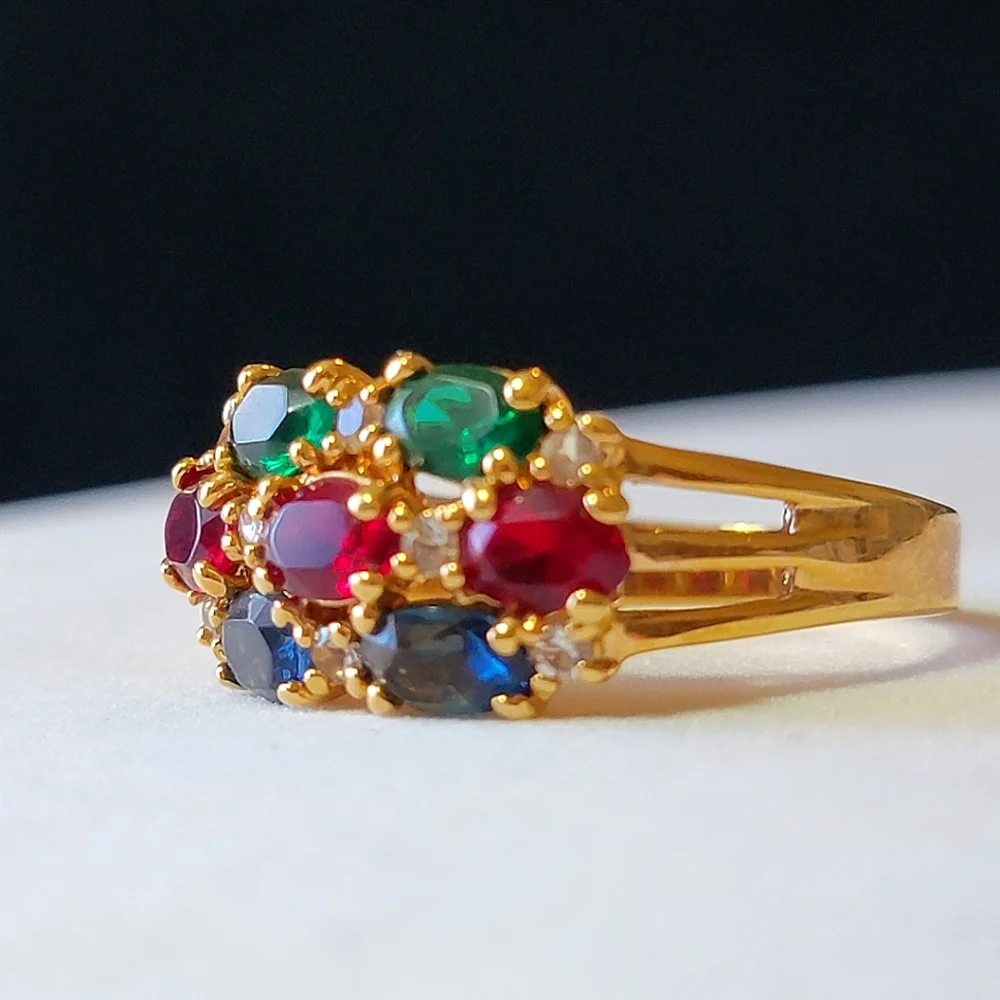 Multi-gem Gold Tone Cocktail Ring Faux Emerald Sapphire Ruby and Diamond Vintage
